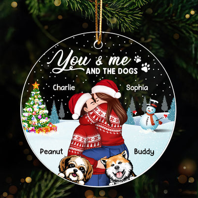 Couple And The Dogs In Winter Night Personalized Acrylic Ornament, Christmas Gift For Him, For Her, Gift For Pet Lovers