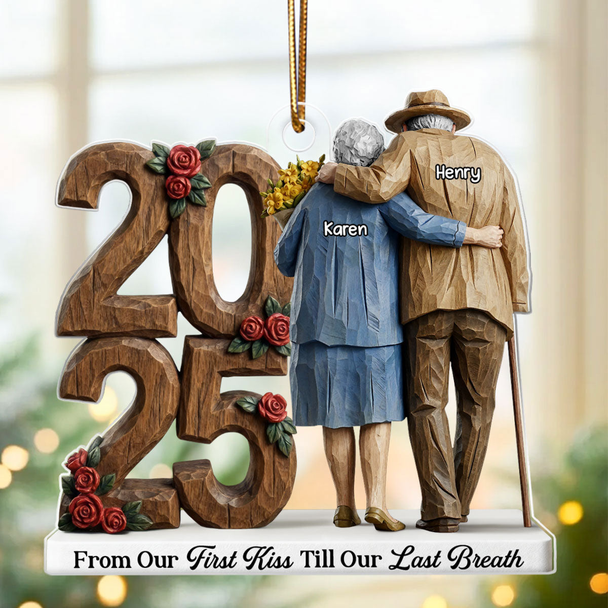 Old Couple Back View Hugging Faux Wood - Personalized Acrylic Ornament - Heartwarming Christmas Gift For Him, For Her, For Couple