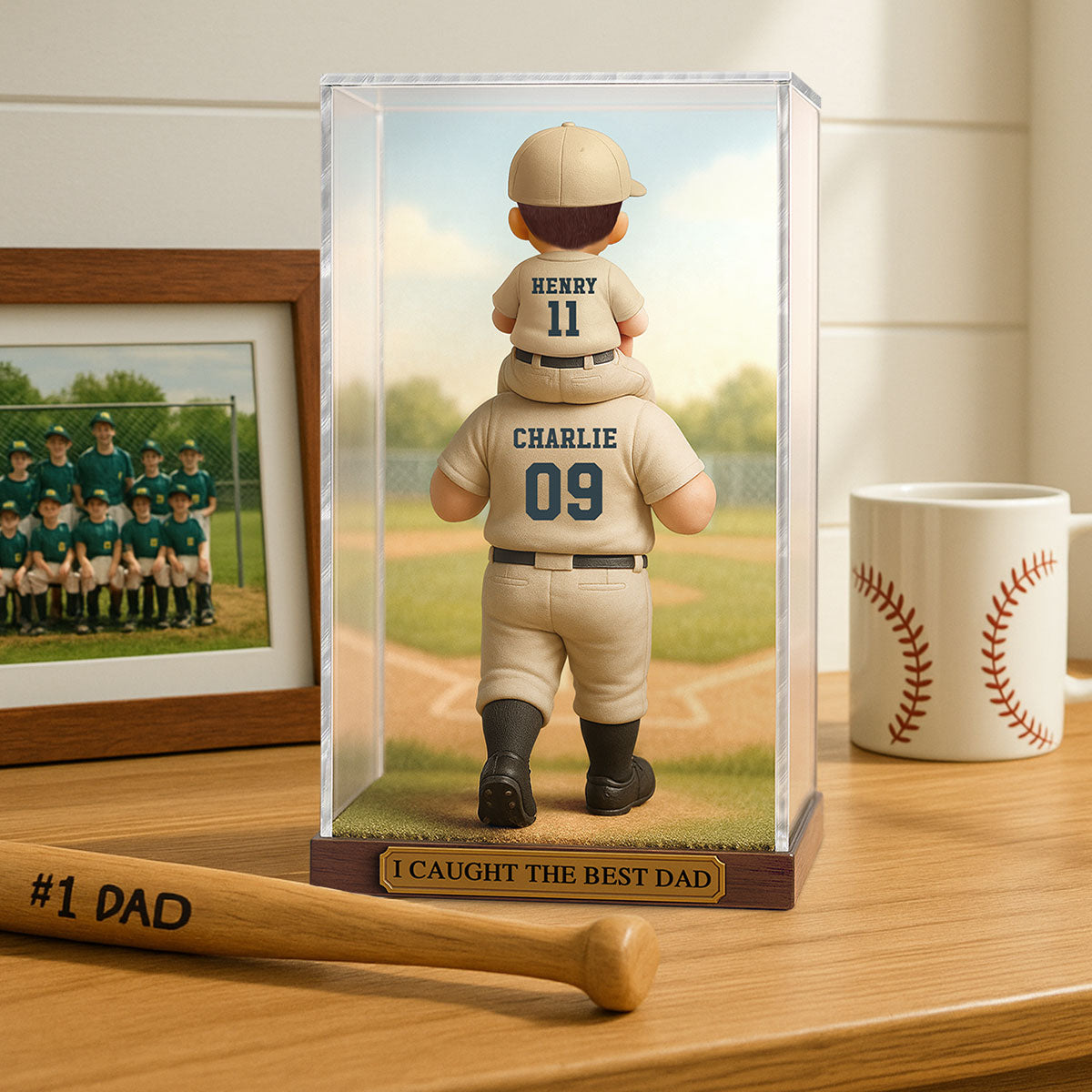 Baseball Dad & Kid In Display 3D Effect Personalized Acrylic Flat Block Plaque
