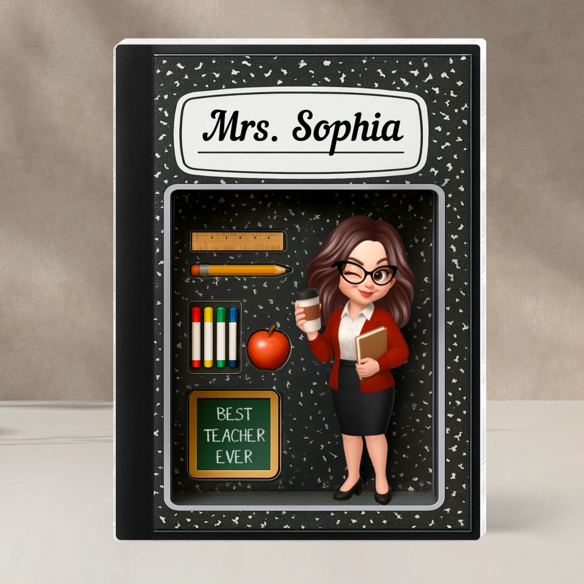Teacher Inside Composition Book Pattern Box 3D Effect Personalized Acrylic Block, Back To School Gift