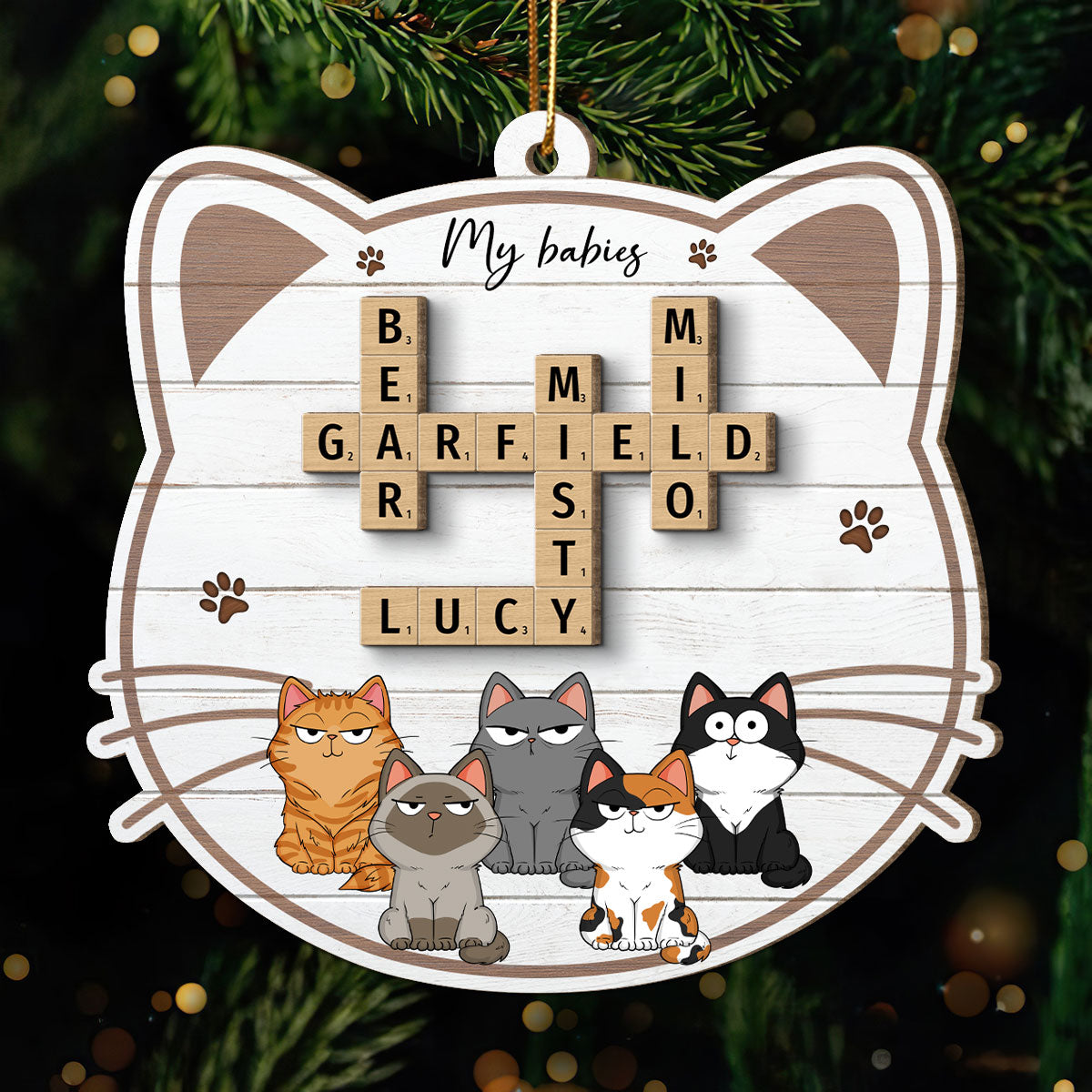 My Babies Cats Crossword Puzzle Art Personalized 2-Layer Wooden Ornament