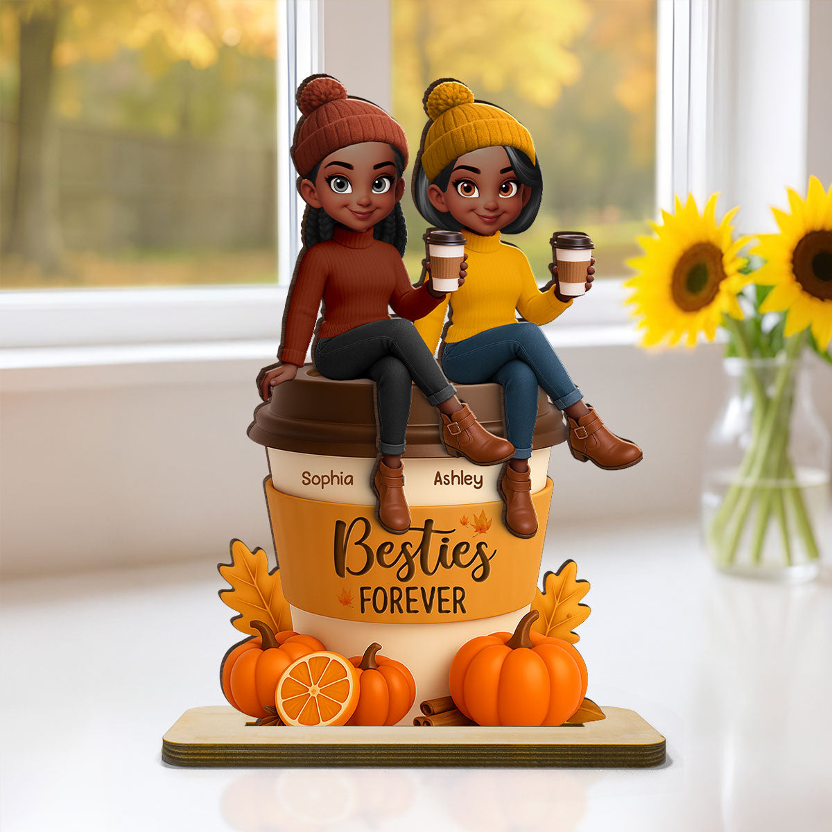 Fall Season Besties Sitting On Pumpkin Spice Latte Personalized Standing Wooden Plaque