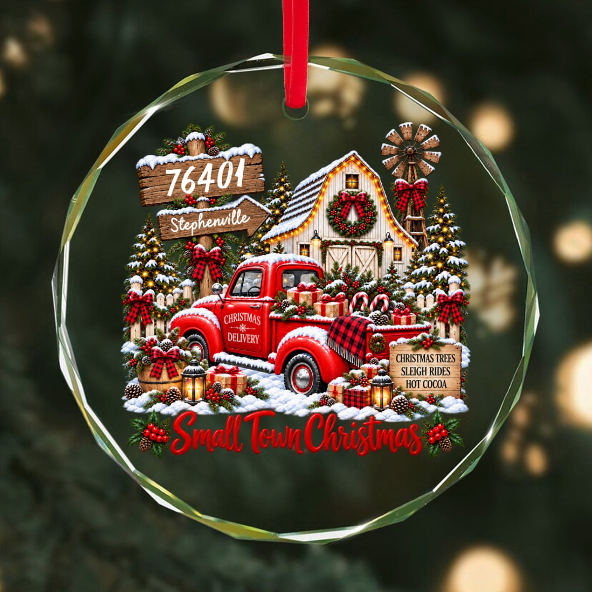 Custom Zip Code Small Town Christmas - Personalized Glass Ornament - Trendy Christmas Holiday Tee, Town Pride