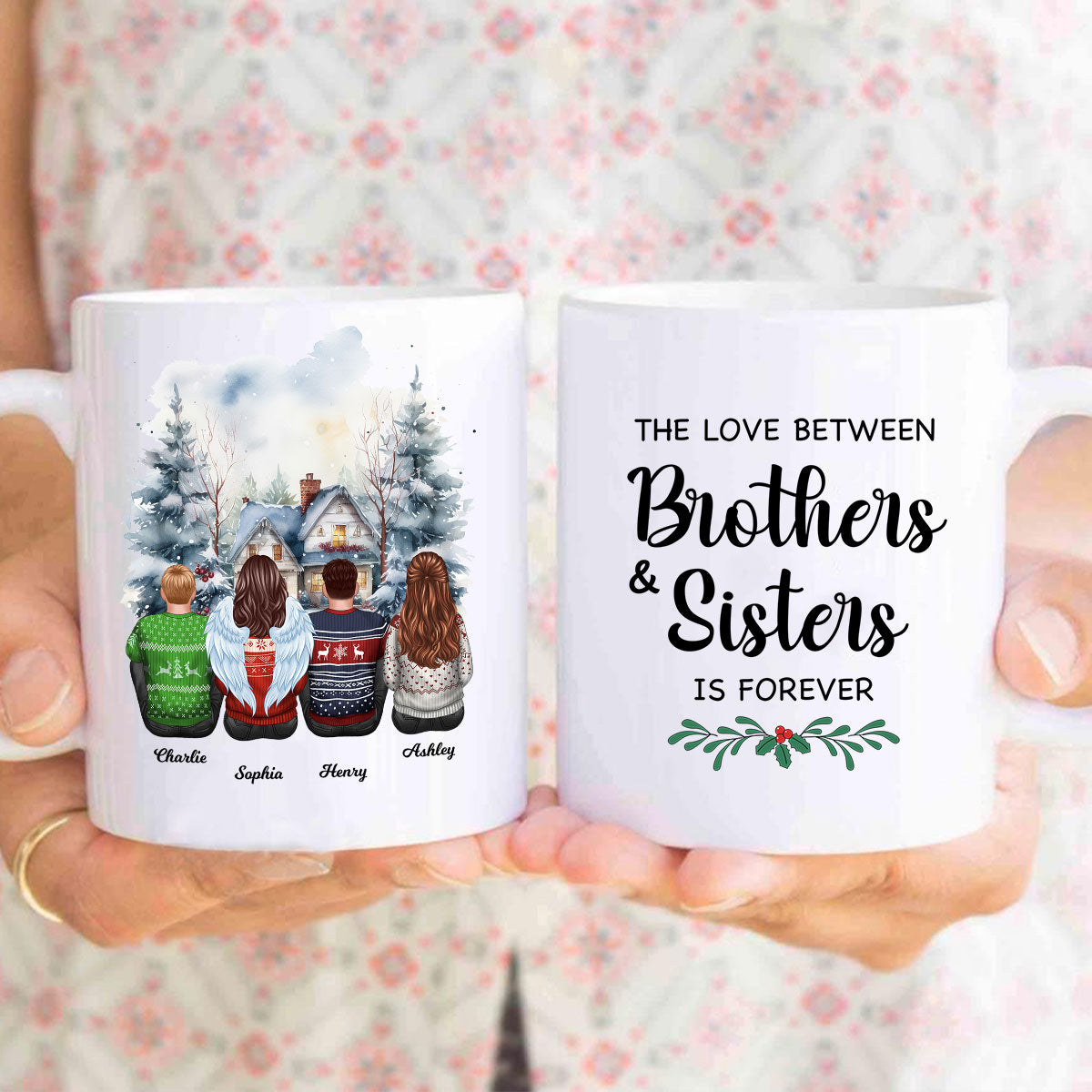 Brother Sisters Watercolor Christmas House Personalized Mug, Christmas Gift for Siblings