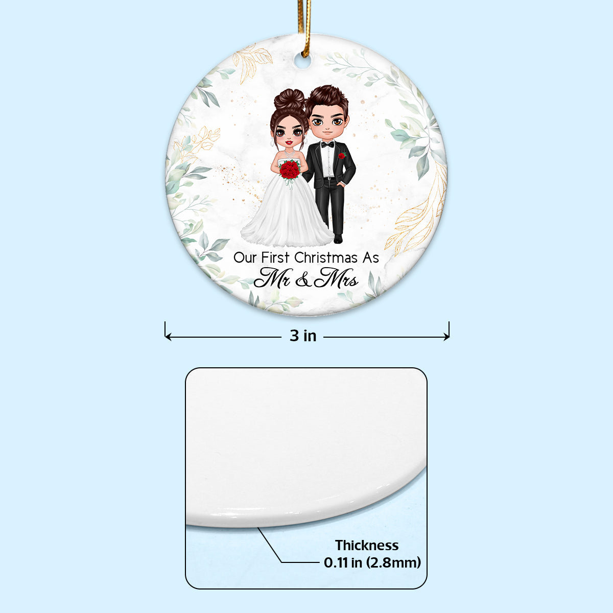 First Christmas Couple Green Leaves Wedding Engaged Anniversary Date Calendar Personalized Double Sided Circle Ornament