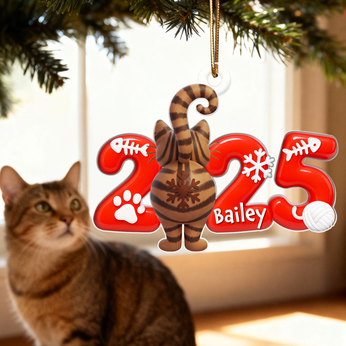 Funny Cat Back View 2025 - Personalized Acrylic Ornament - Christmas Gift for Cat Moms, Cat Dads, Cat Lovers
