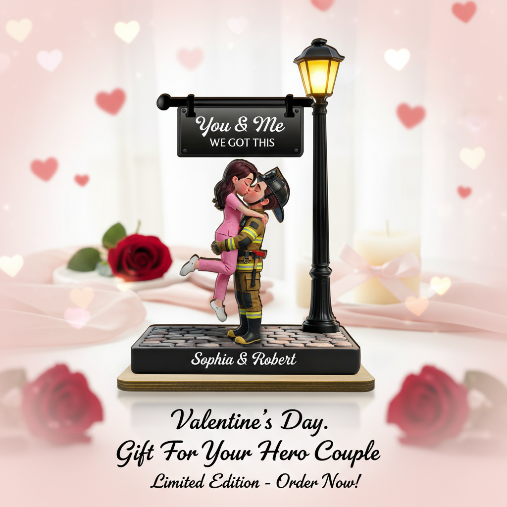 Proud Hero Couple Under Lamp Post - Personalized 2-Layered Wooden Plaque - Valentine's Day Gift For Couple, For Him, For Her, Nurse, Police, Firefighter, Army