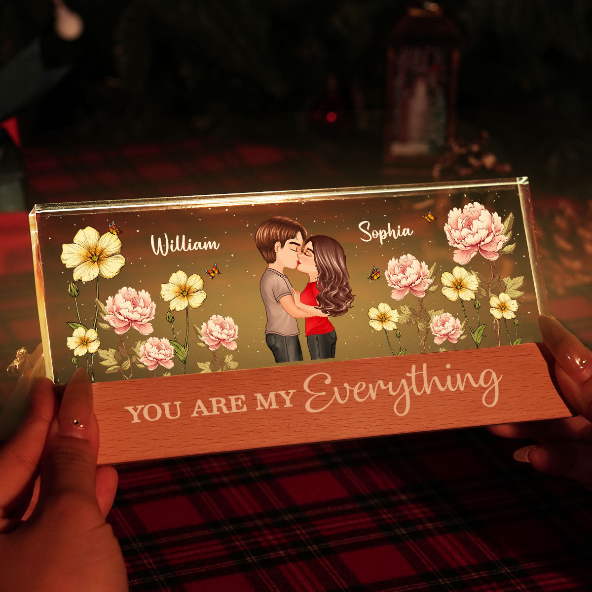 Couple Kissing Birth Month Flower Personalized Acrylic Block LED Night Light, Heartfelt Gift For Couple, For Her