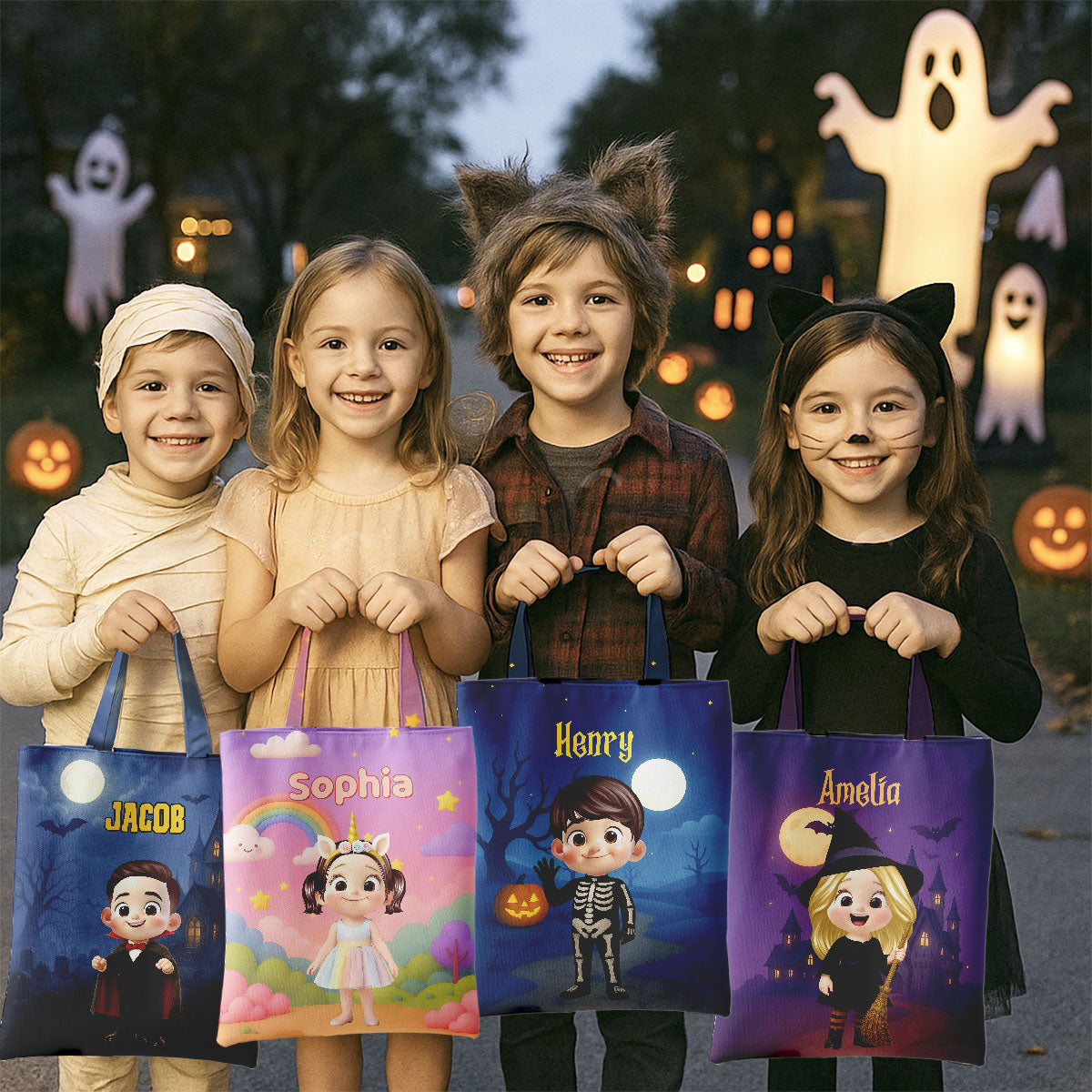 Halloween Theme Cute Cartoon Kids Personalized Tote Bag, Gift Bag, Treat Bag, Trick or Treat Bag For Kids