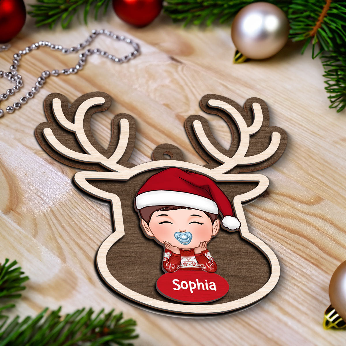 Reindeer Baby Christmas Personalized 2-Layer Wooden Ornament