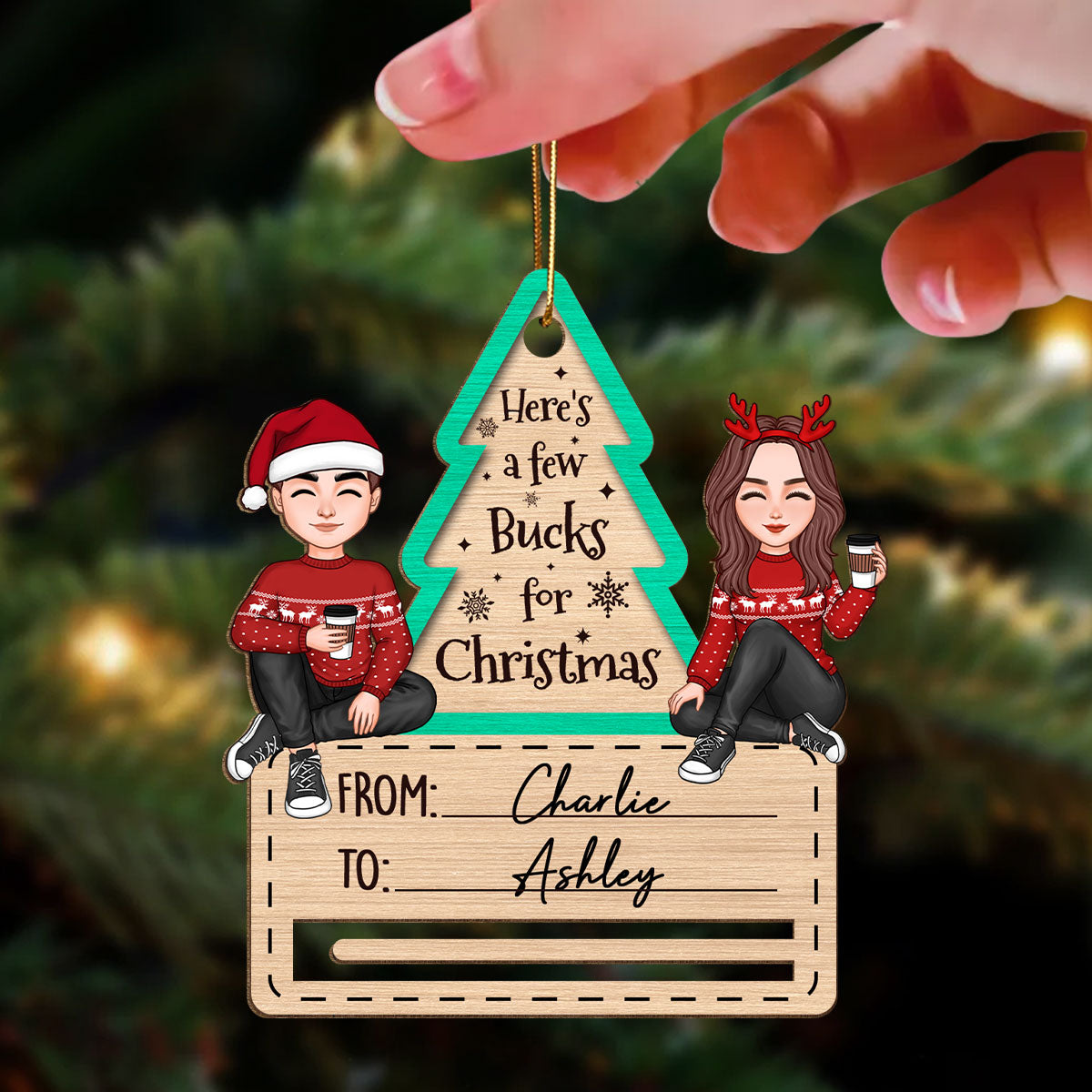 Happy Couple Sitting Christmas Money Holder Personalized Wooden Ornament