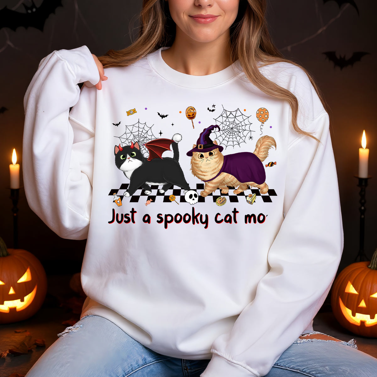Just A Spooky Cat Mom Fluffy Cat Personalized Sweatshirt, Halloween Costume For Cat Lover