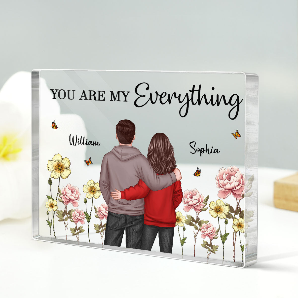 Couple Birth Month Flower Personalized Rectangle Acrylic Block Plaque, Heartfelt Gift For Couple, For Him, For Her, Boyfriend, Girlfriend, Husband, Wife