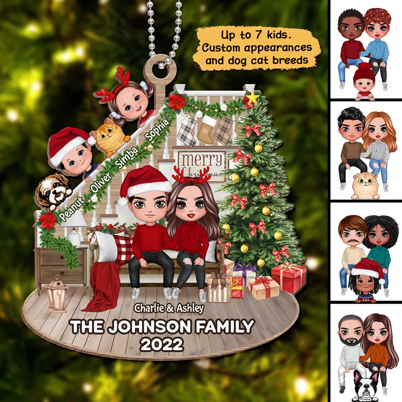 Family Sitting Chin On Hands Stairs Christmas Personalized Wooden Ornament
