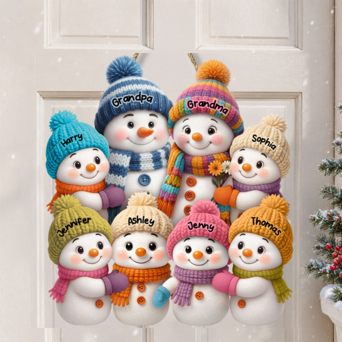 Snowman Grandparents and Grandkids - Personalized Wooden Door Sign - Cozy Christmas Decor for Grandparents