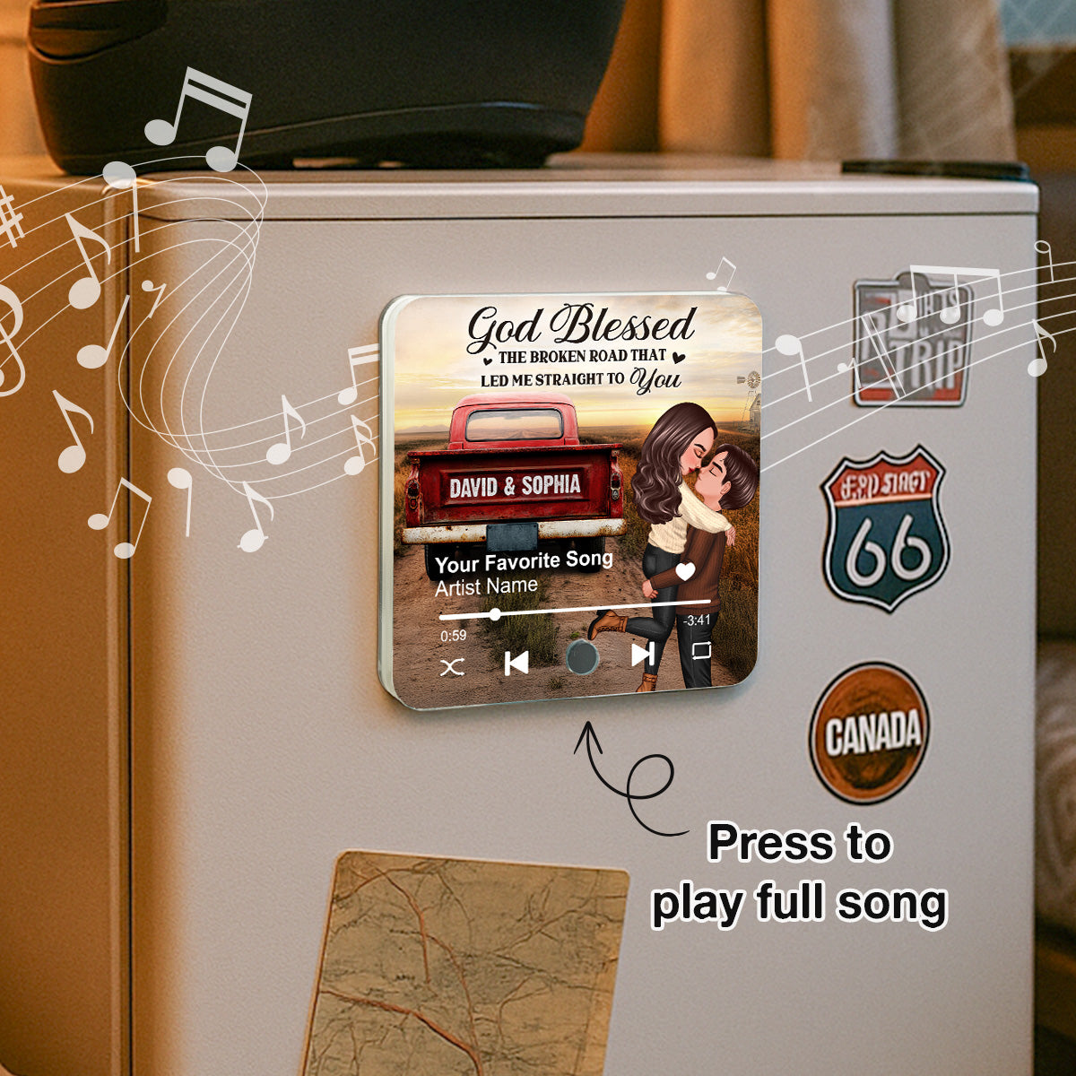 Rustic Nostalgia Red Truck Couple Hugging Kissing - Personalized Music Fridge Magnet - Heartfelt Valentine, Anniversary Gift For Him, For Her, Farmhouse Decor