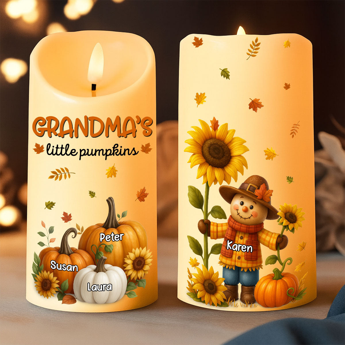 Grandma's Pumpkin Patch Scarecrow Personalized LED Candle, Cozy Fall Decor for Grandma