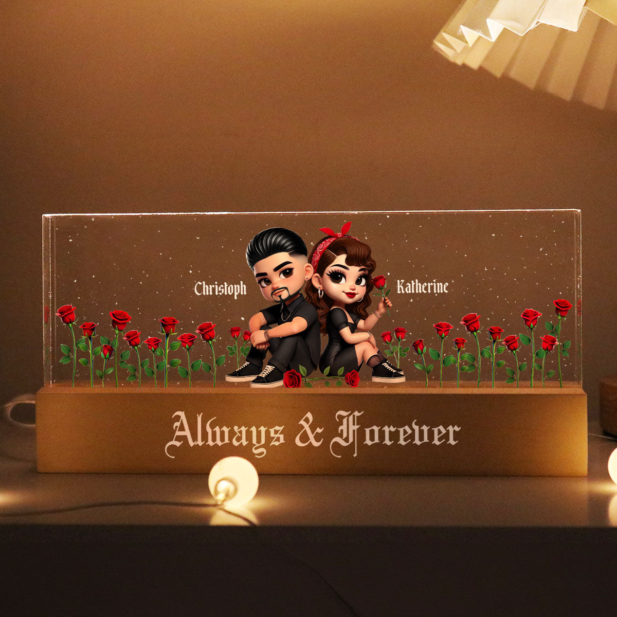 Pretty Couple Roses Heart Together Since Personalized Acrylic Block LED Night Light,  Gift, Anniversary Gift for Couples