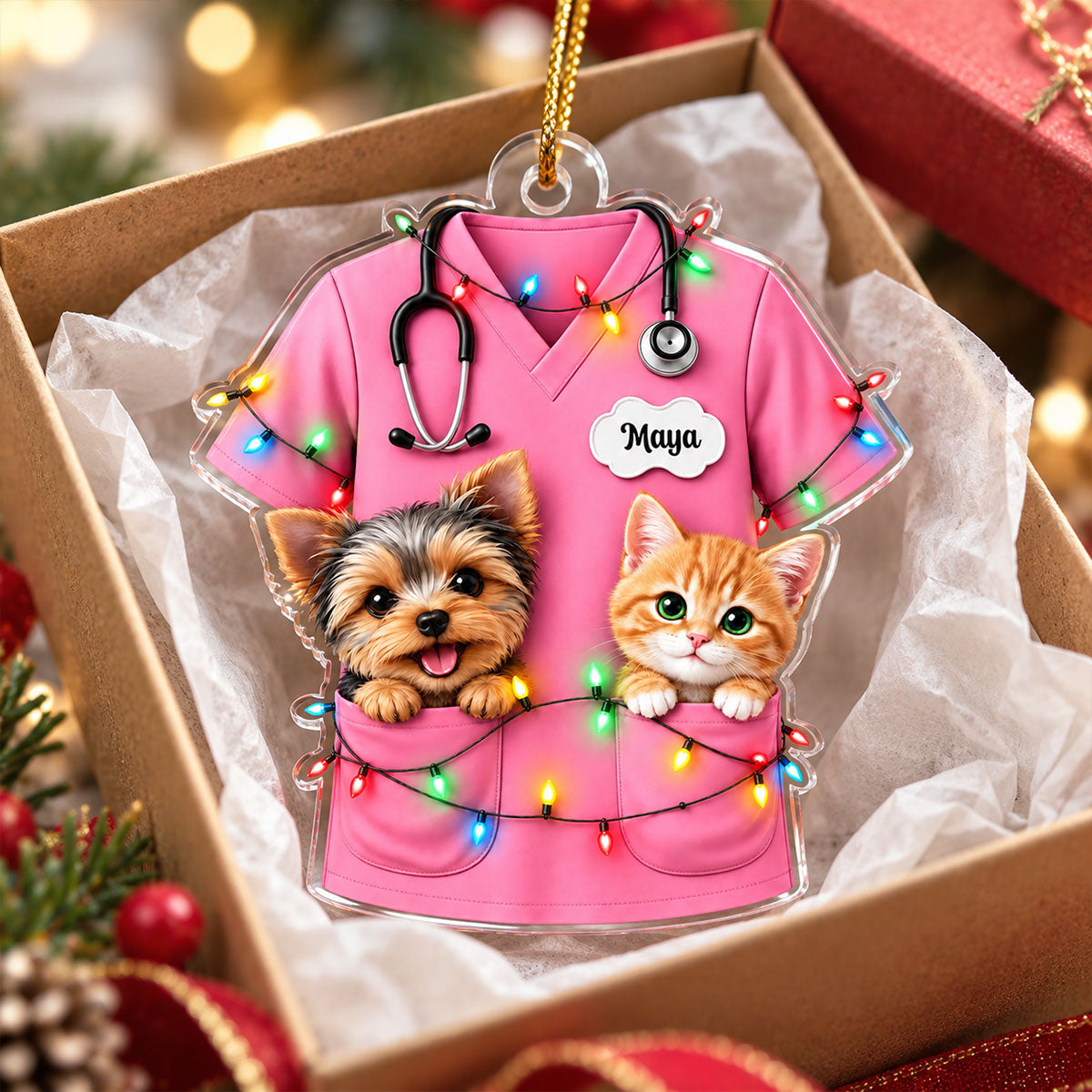 Christmas Vet Scrubs With Pets - Personalized Acrylic Ornament - Veterinarian Christmas Gift