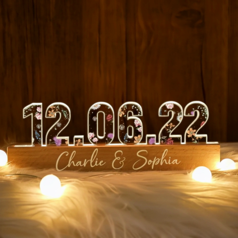Custom Flower Printed LED Night Light, Couple Engagement Anniversary Date, Gift for her, Gift for him