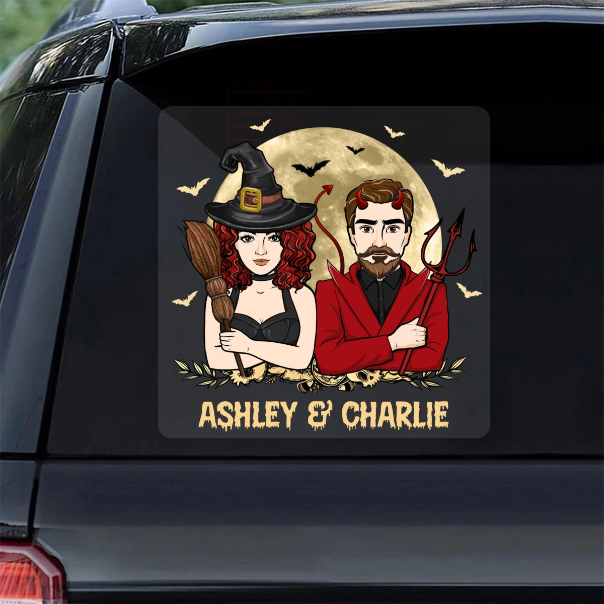 Halloween Couple Witch And Devil Personalized Decal, Halloween Decor