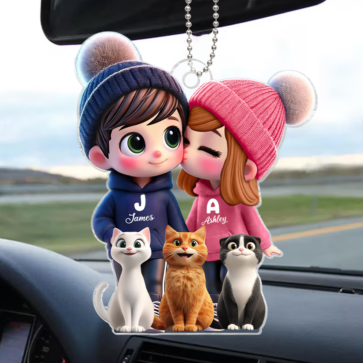 3D Effect Cute Cartoon Couple And Cats Personalized Car Ornament, Perfect Gift for him, Gift for her