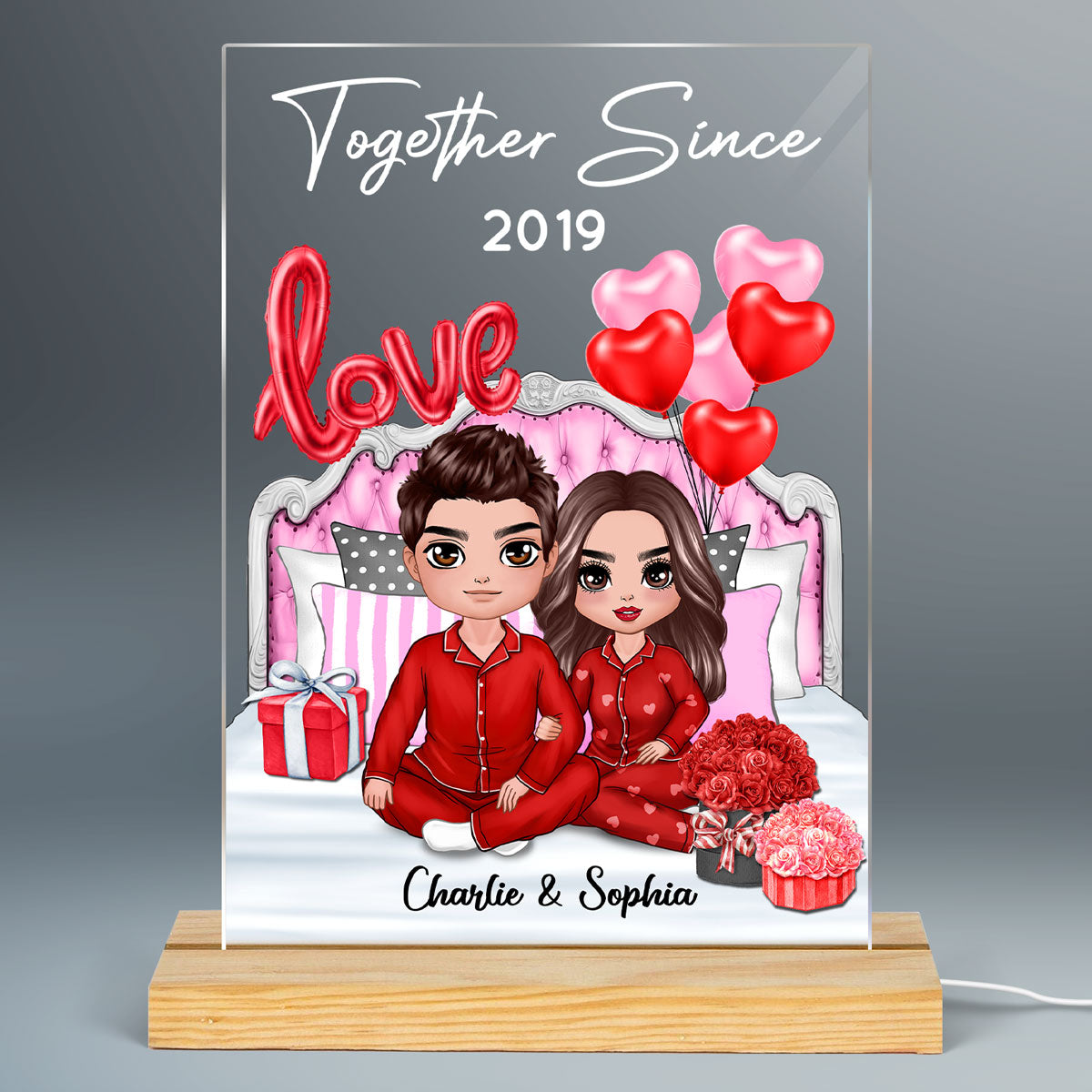 Doll Couple Sitting On Love Bed Personalized Plaque LED Night Light