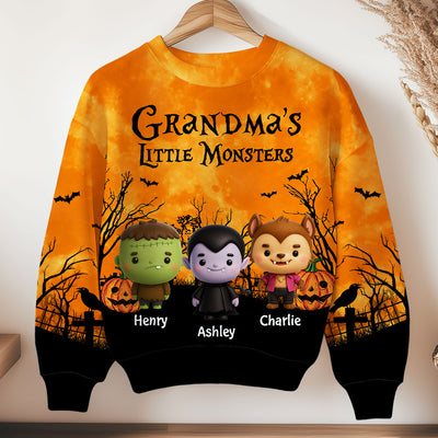 Grandma Mom Little Monsters Halloween Moon Light Bat Tree Personalized 3D Sweat Shirt, Purrfect Costume for Grandma