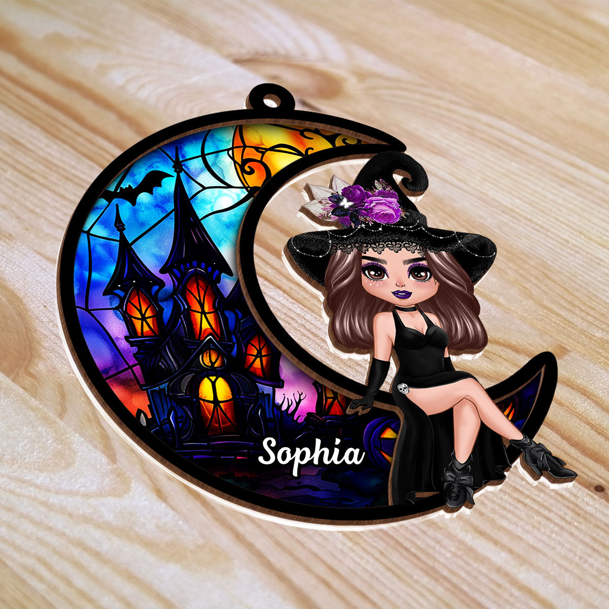 Halloween Witch Sitting On Moon Personalized Suncatcher, Halloween Decoration