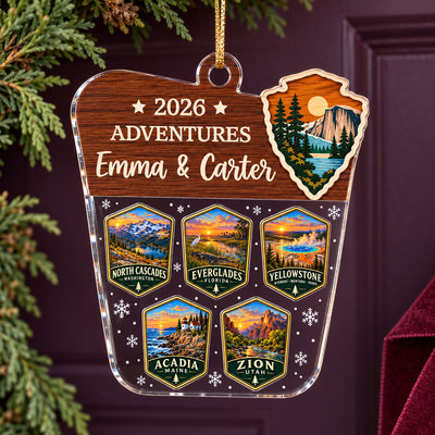 Custom National Parks Adventures - Personalized Acrylic Ornament - National Parks Adventure Lovers, National Park Trip Keepsake, Couple Traveling Christmas Gift