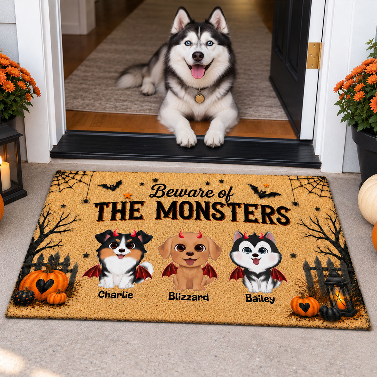 Halloween Theme Beware Of The Monsters Dogs - Personalized Doormat - Halloween Decor For Dog Lovers