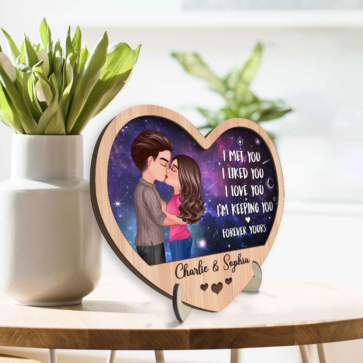 Galaxy Night Couple Kissing I Met You Personalized 2-Layer Wooden Plaque