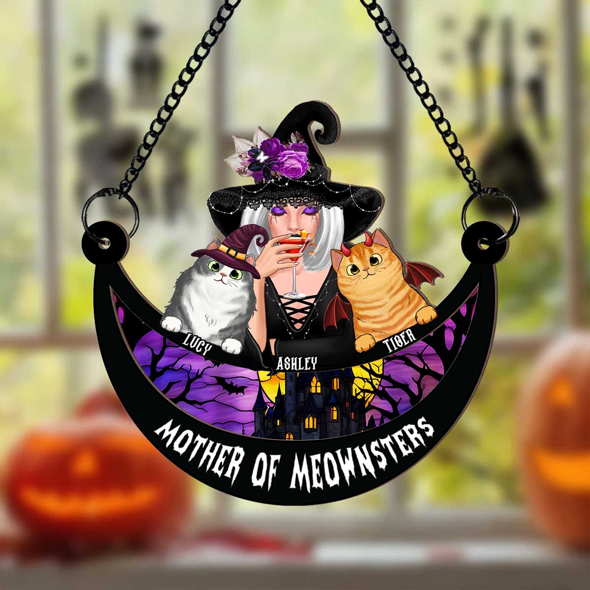 Wicked Cat Mom Stained Glass Moon Personalized Suncatchers, Halloween Decor For Cat Lovers