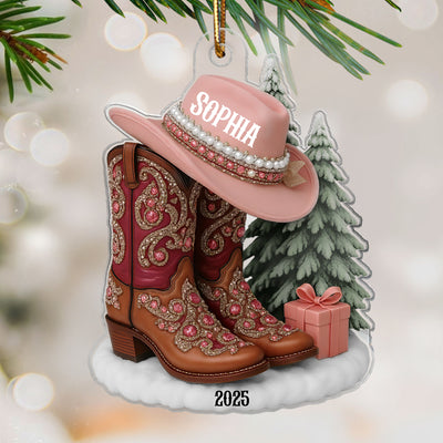 3D Effect Boots And Hat Cowgirl Name - Personalized Acrylic Ornament