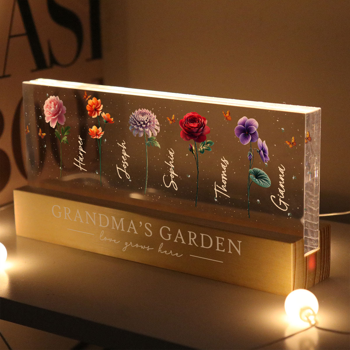 Grandma's Garden 3D Effect Birth Month Flowers Personalized Acrylic Block LED Night Light, Gift For Grandma, Mom