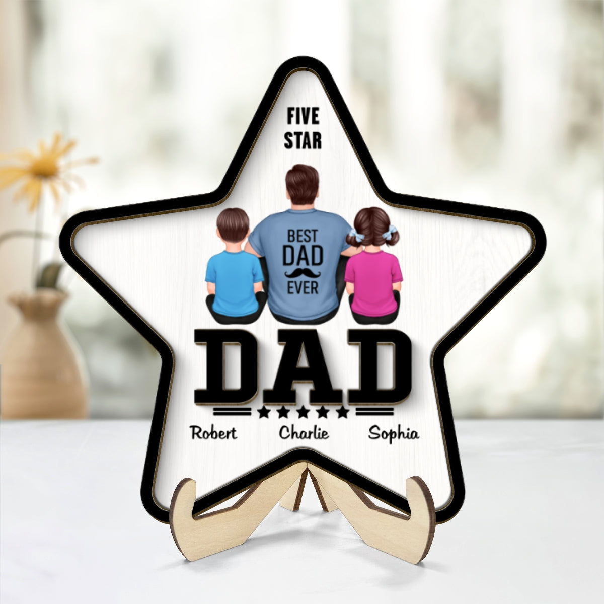 Five - Star Dad Back View Dad And Kids Personalized 2-Layer Wooden Plaque