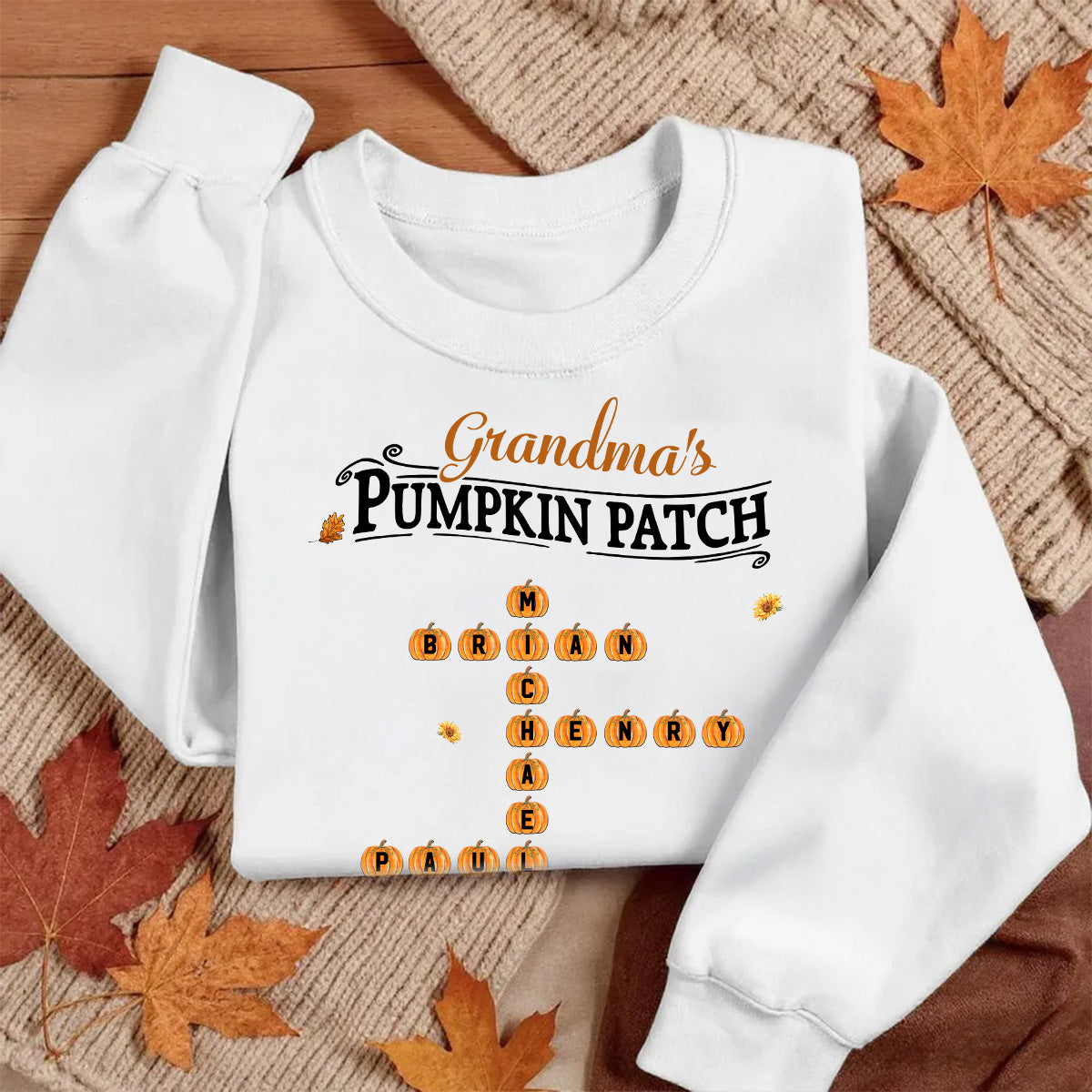 Grandma's Pumpkin Patch Cute Crossword Puzzle Fall Season Personalized Sweatshirt