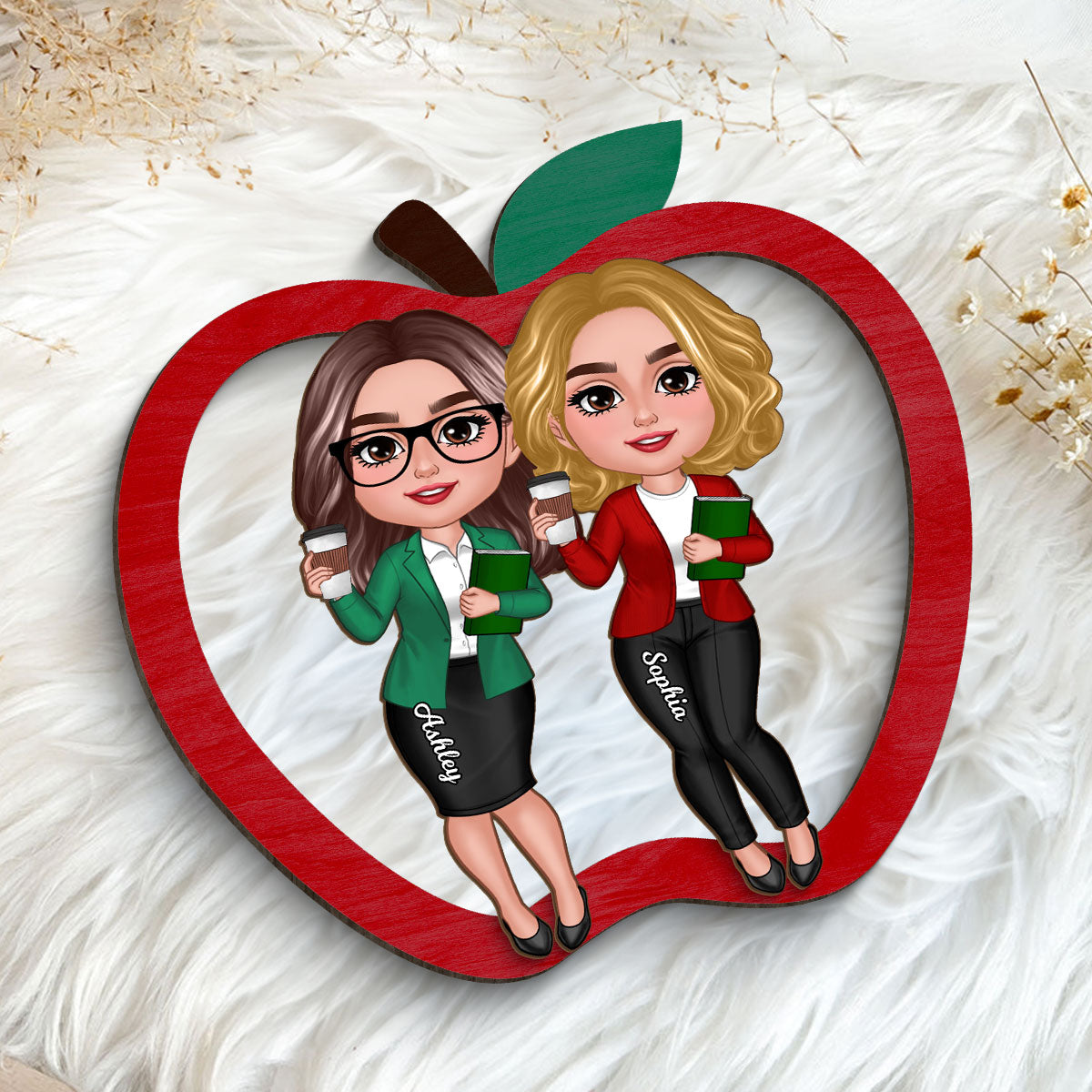 Doll Teacher Besties Colleagues Personalized 2-Layer Apple Shaped Wooden Plaque