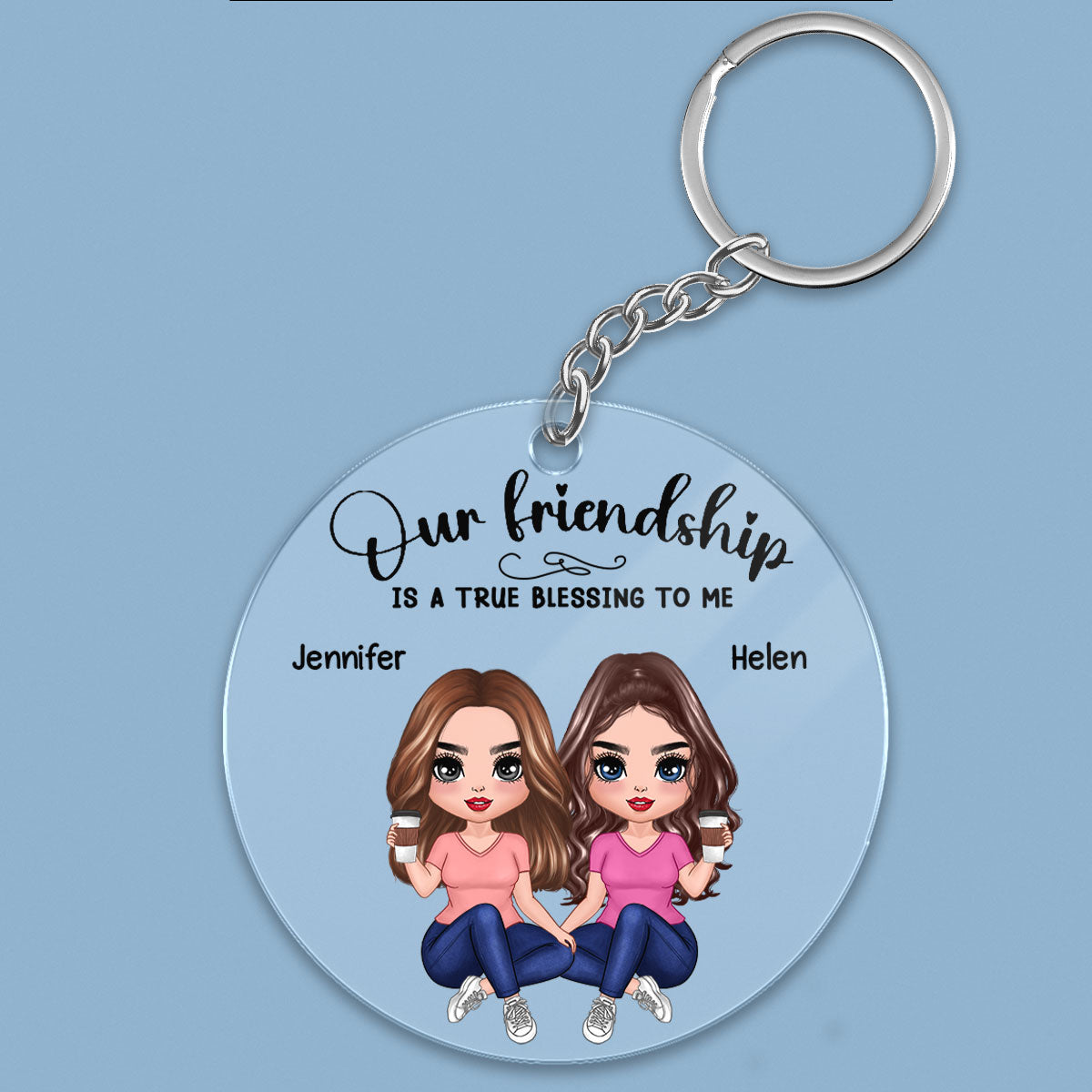 Our Friendship Is True Blessing Pretty Besties Sisters Sitting Personalized Acrylic Keychain