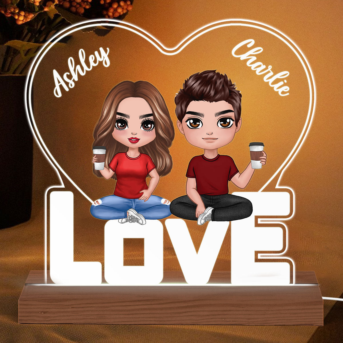 Doll Couple Sitting On LOVE Heart Personalized Custom Shape LED