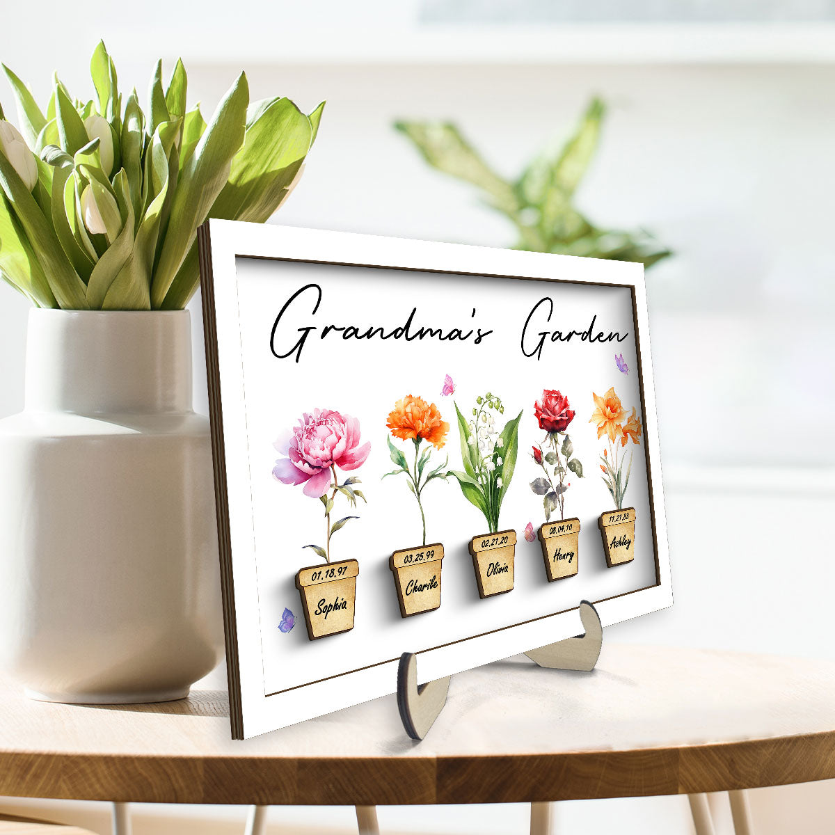 Family Grandma Garden Flower Pot Beautiful Birth Month Flowers Personalized 2-Layer Wooden Plaque