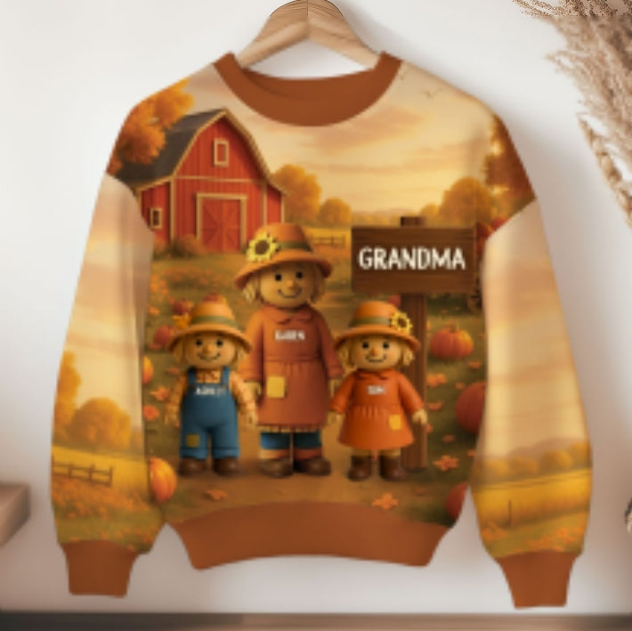 Grandma Grandkids Scarecrow Personalized 3D Effect Sweatshirt, Fall Season Gift for Grandma
