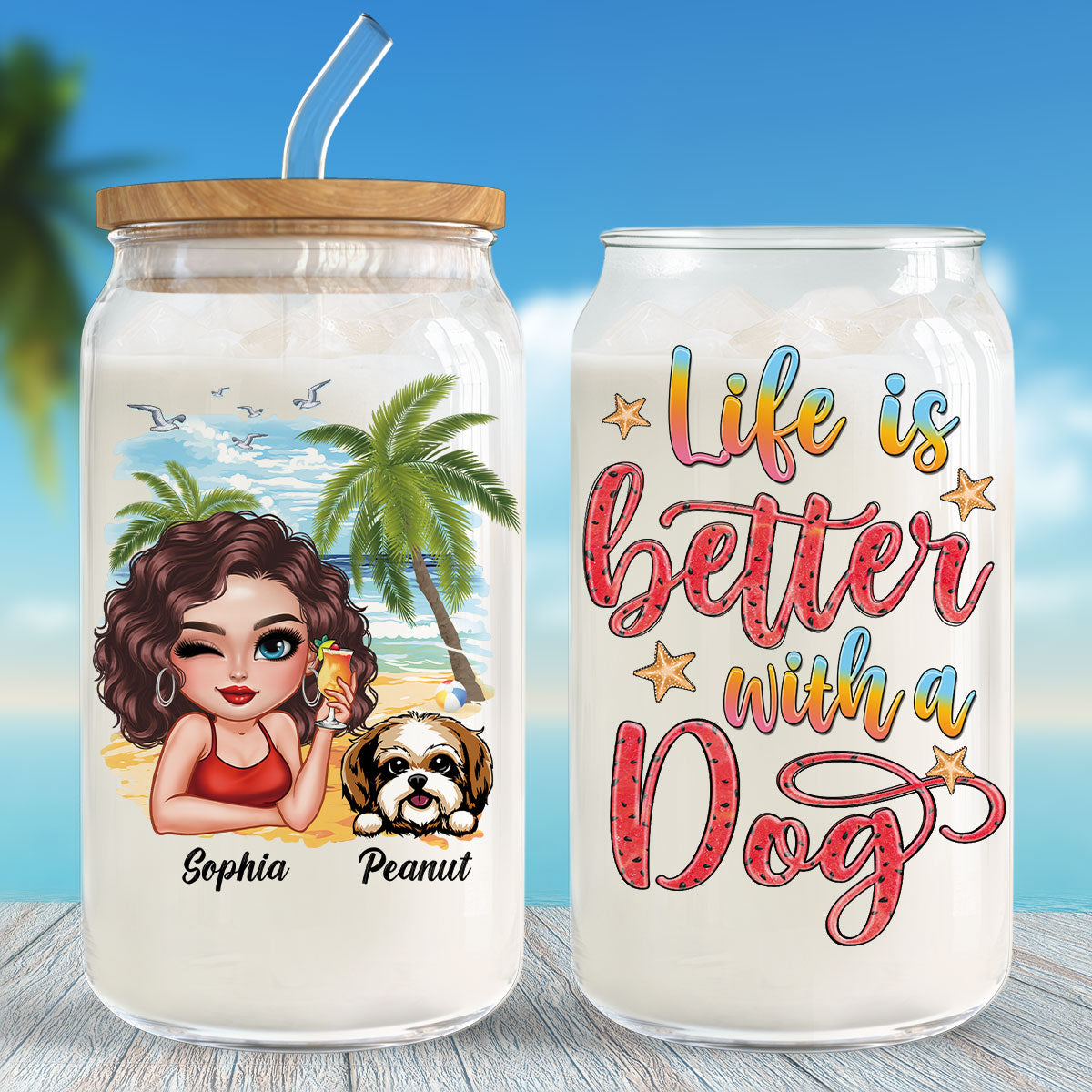 Summer Vibe Life Is Better With A Dog Personalized Clear Glass Can