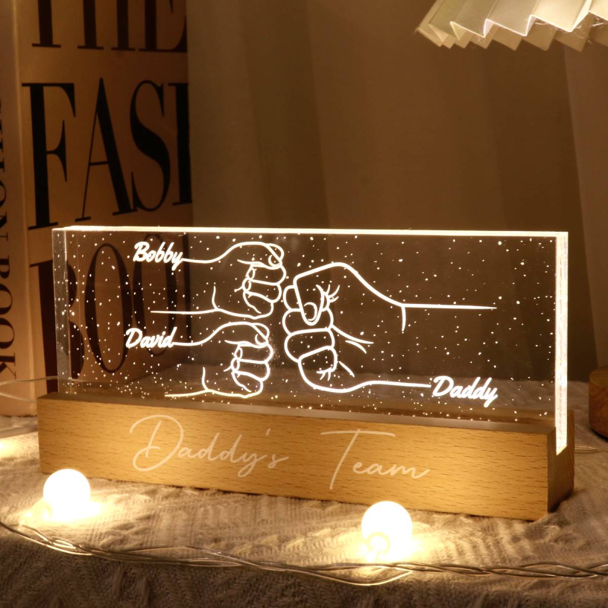 Best Dad Ever Fist Bump Outline Hands Personalized Acrylic Block LED Night Light