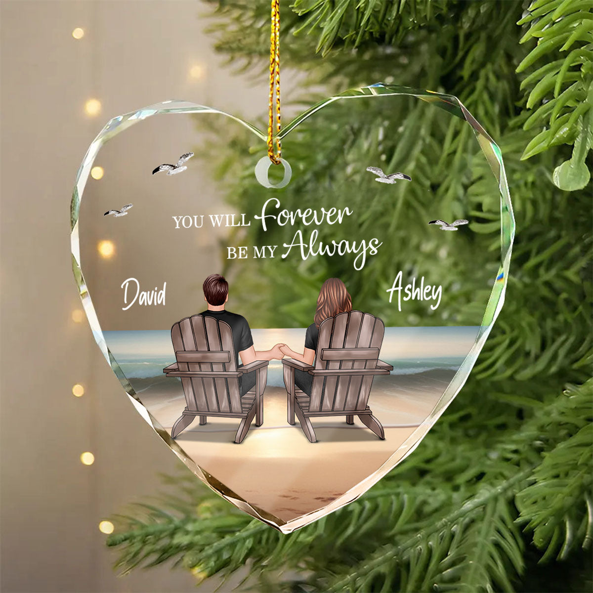 Couple Sitting Eternal Sunset Beach Personalized Heart Glass Ornament, Heartfelt Christmas Gift For Girlfriend, For Wife