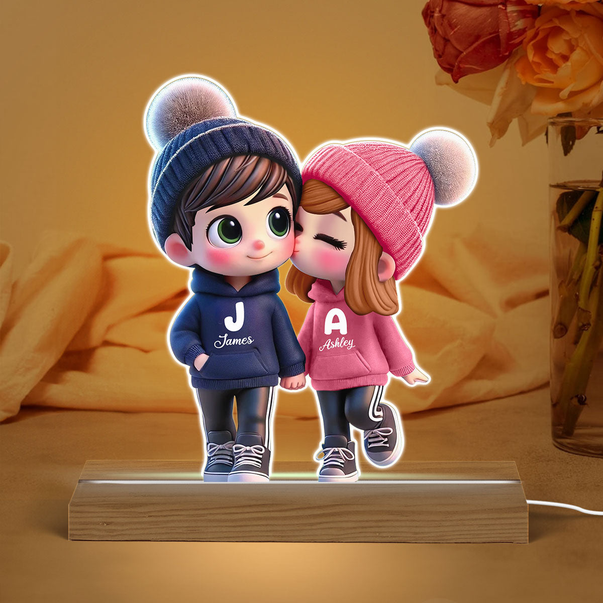 3D Effect Cute Cartoon Couple Walking Personalized Custom Shaped LED Night Light,  Gift for Him, Gift for Her