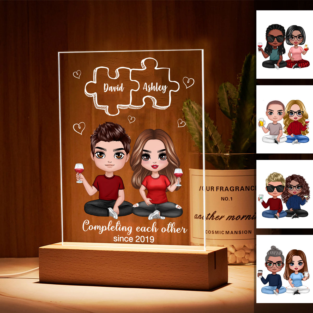 Doll Couple Sitting Missing Piece Personalized Rectangle Acrylic Plaque With LED Night Light - Valentine‘s Day Gift - Anniversary Gift For Him - Gift For Her