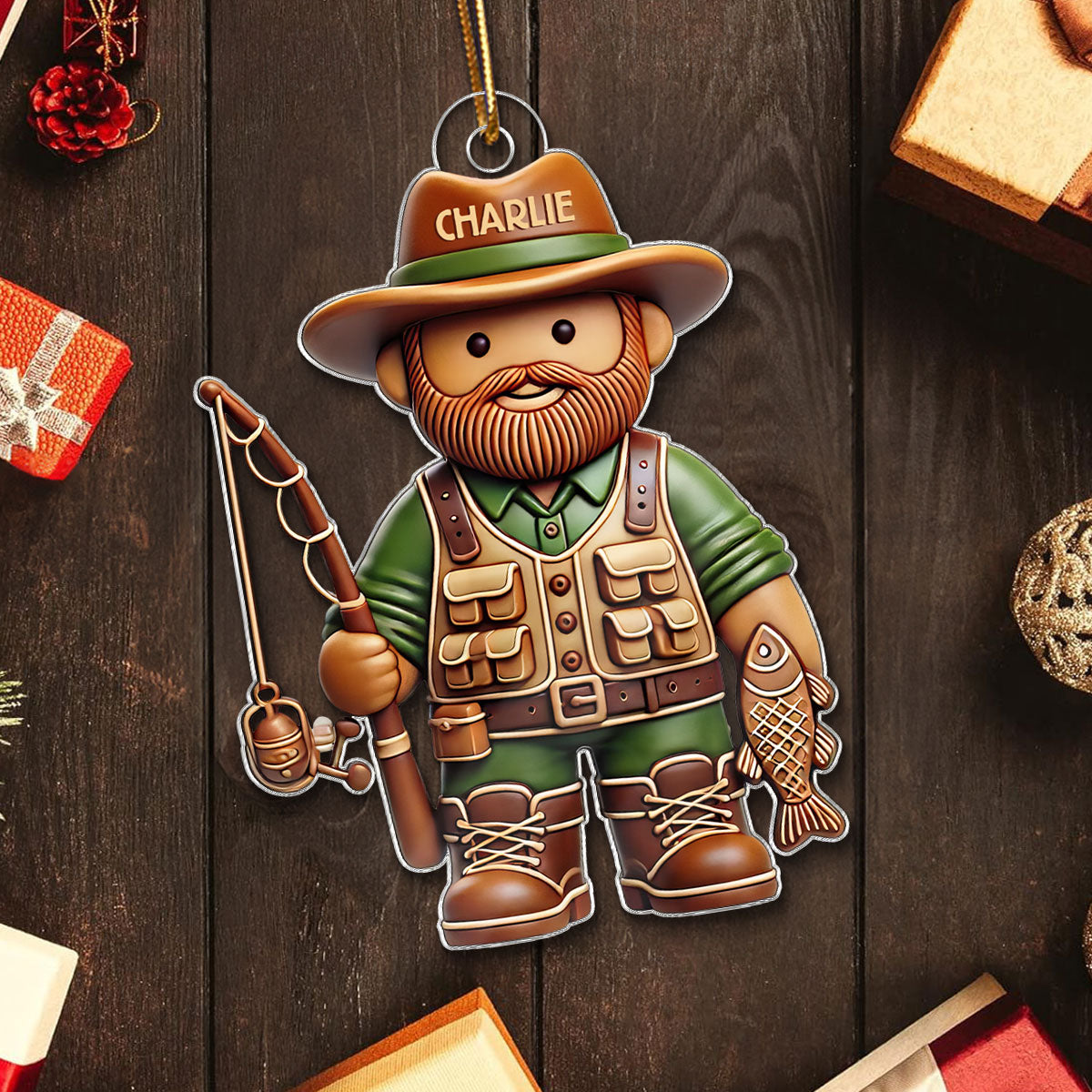 3D Effect Fisherman Christmas Personalized Acrylic Ornament, Funny Christmas Gift For Fishers, Fishing Lovers