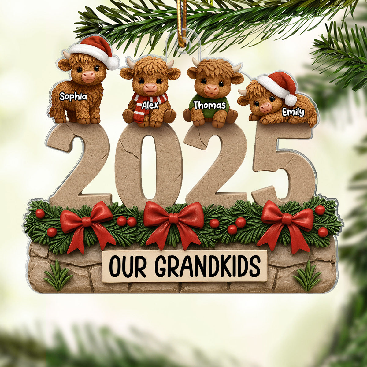3D Effect Christmas Highland Cows Our Grandkids - Personalized Acrylic Ornament - Gift For Grandparents, Grandkids
