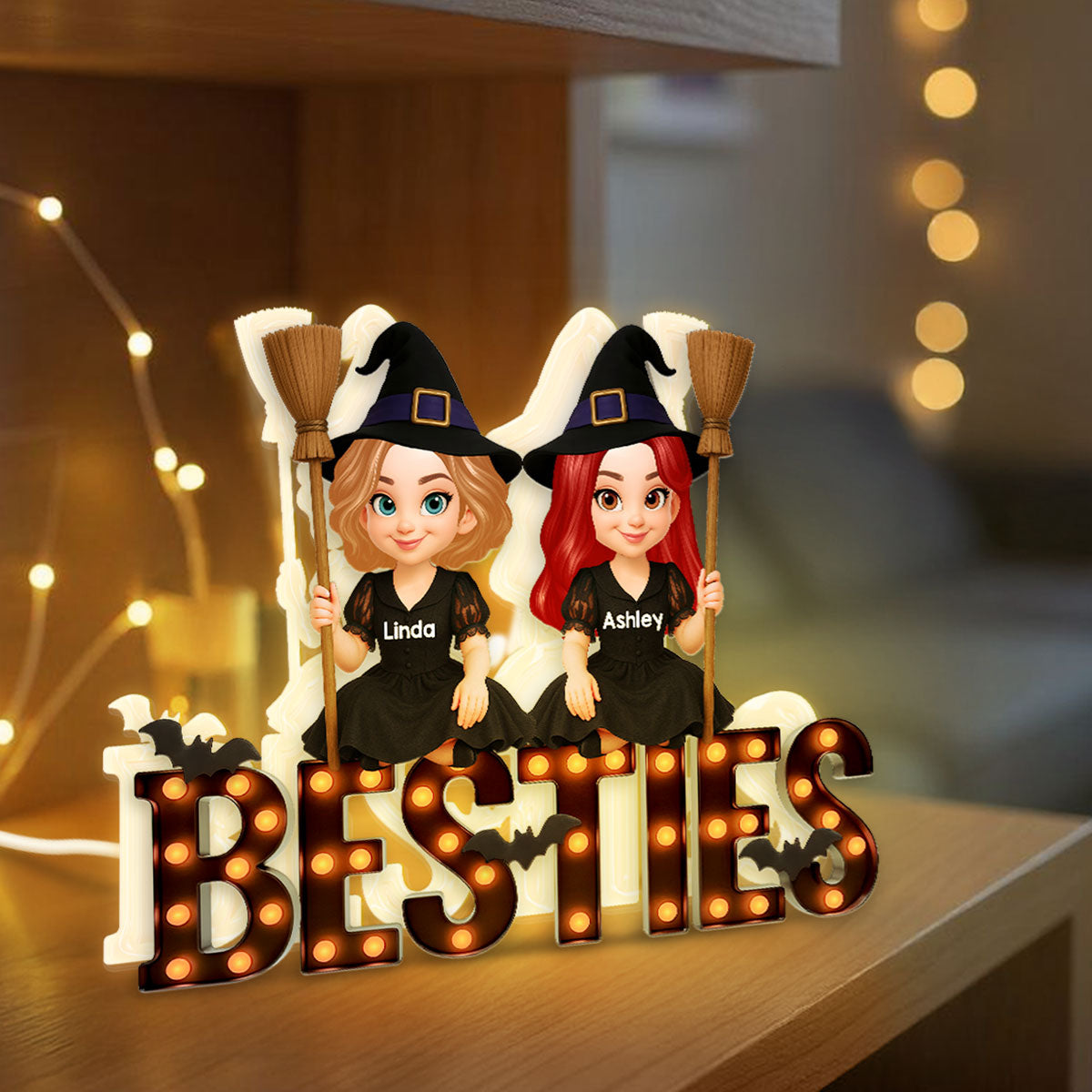 Halloween Besties Sisters Witches Sitting On Marquee Personalized Light Box